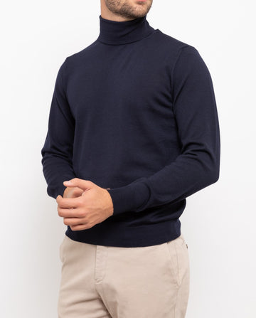 Camisola Gola Alta 100% Merino em Azul Escuro